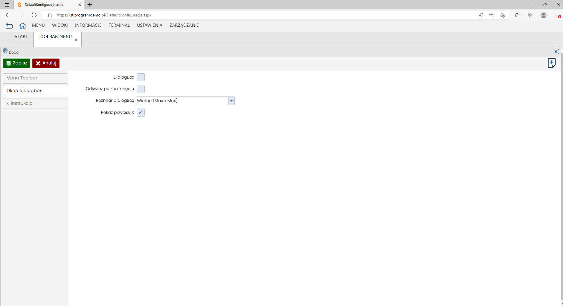 Konfiguracja TOOLBAR MENU